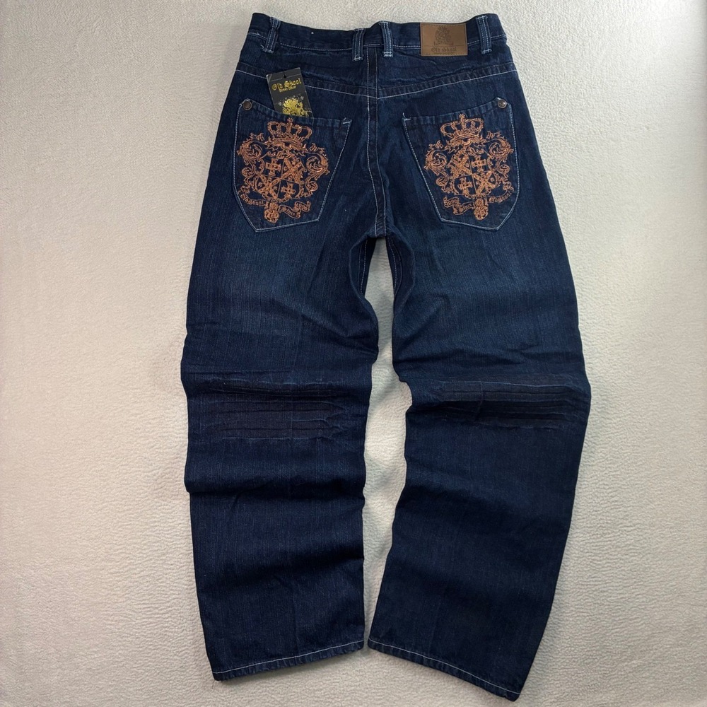 Y2K Old Skool Baggy Jeans Men 34x34 Blue Embroidered Crest Loose Straight NWT